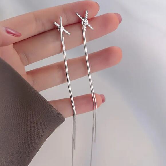 NEW - long dangle earrings, tassel earrings, silver, cross, chain earrings - Picture 4 of 4